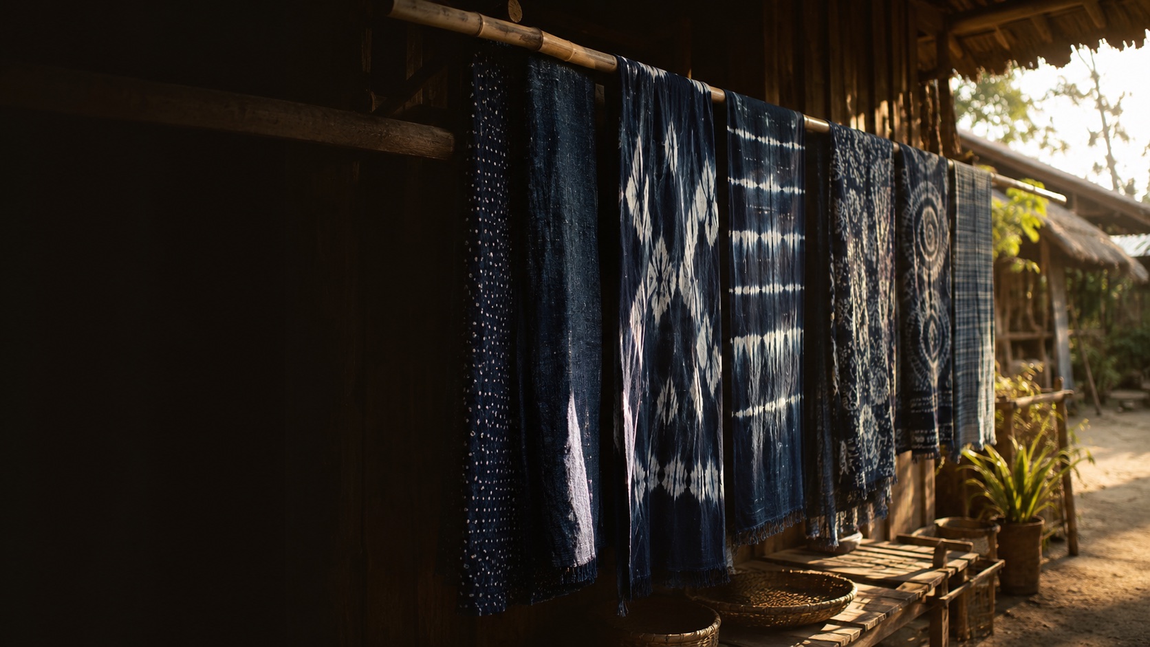 Naturally dyed indigo textiles hanging in the Thai sun